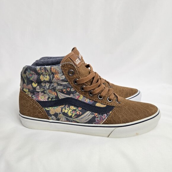 VANS Asian Floral Khaki Suede Leather Lined SK8 MTE Hightop Shoes Women's Size 7 - Picture 2 of 9